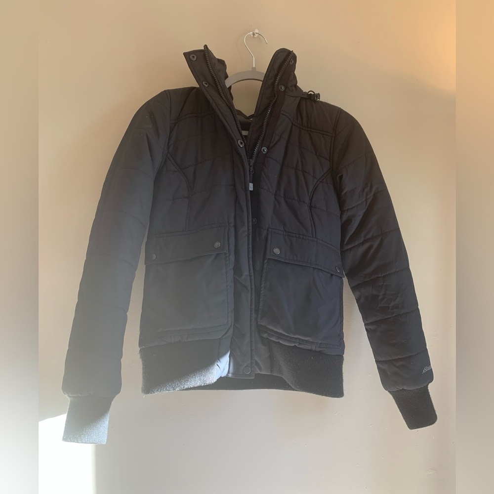 Eddie Bauer Womens XS Puffer Black Jacket Outerwear Coat Hooded Winter